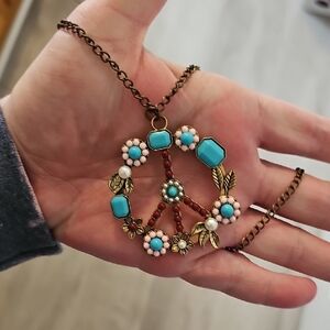 4 Items, Turquoise Ruby Red Peace Pendant Necklace, Bracelet Set And Ring